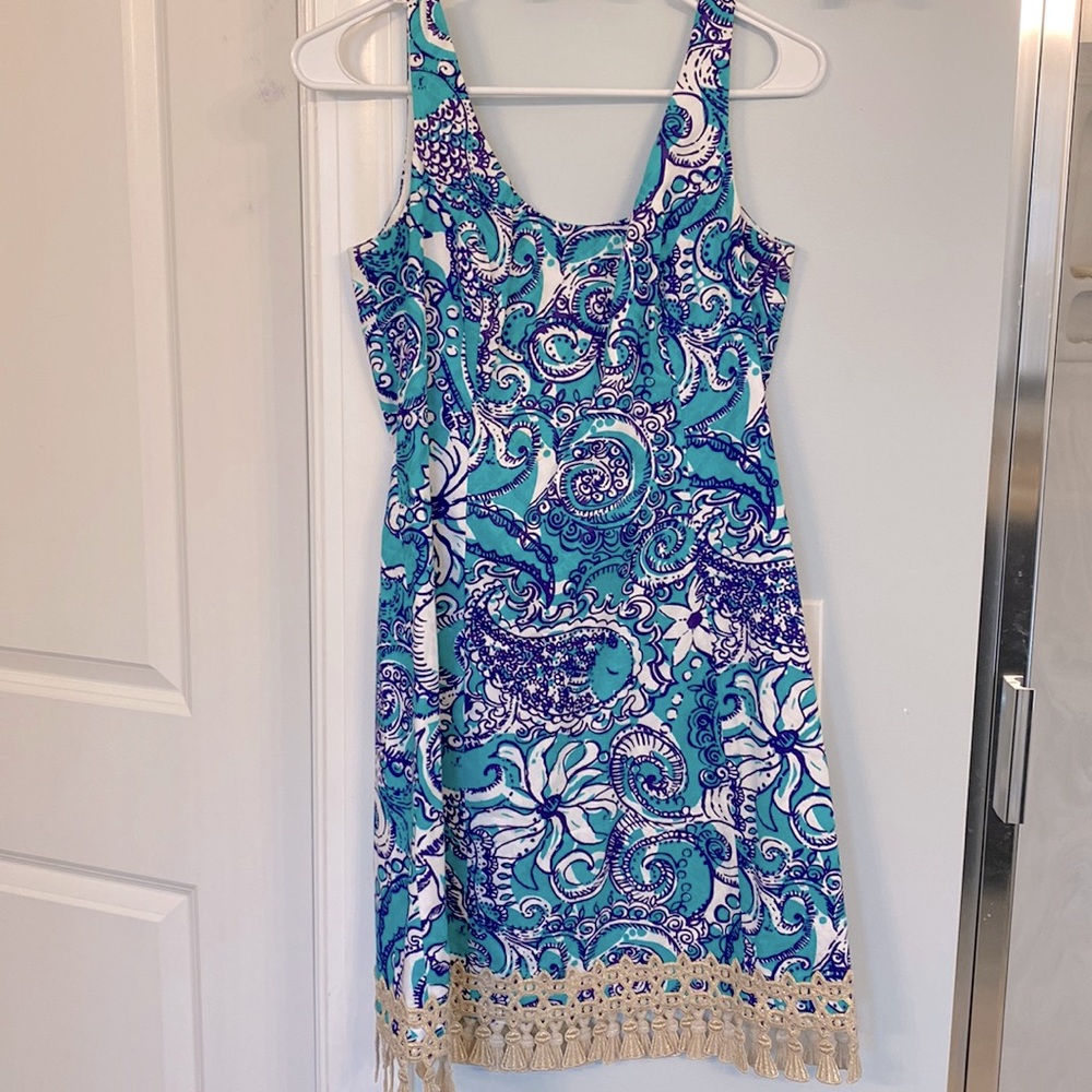 Lilly Pulitzer dress with gold fringe trim
